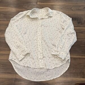 Maison Du Soir Top Womens Medium White Polka Dot Silk Shirt Button Front